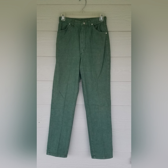 Vintage Wrangler Misses High-Waisted Green Denim Pleated Straight Leg Size 13/14 - Picture 5 of 13